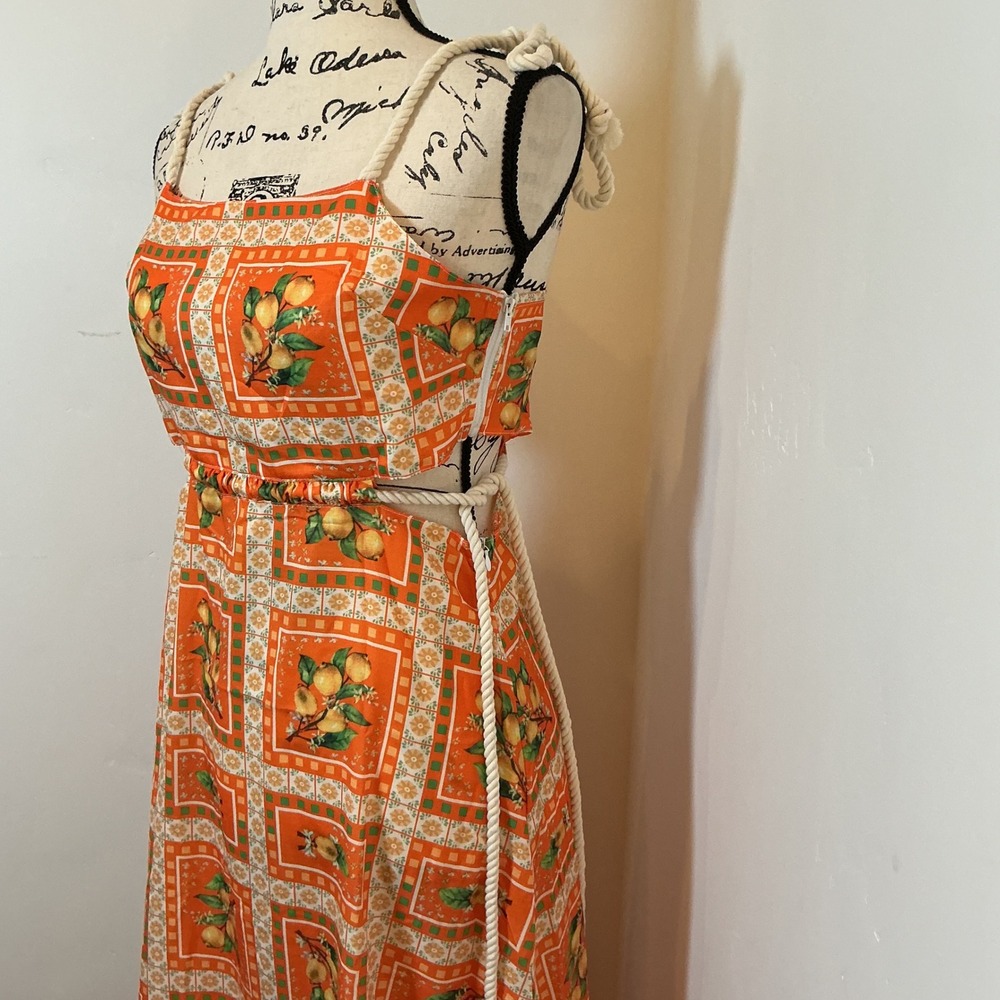 Unbranded Maxi Dress Orange Lemon Print Rope Straps Cut Out Back Small - Picture 2 of 9